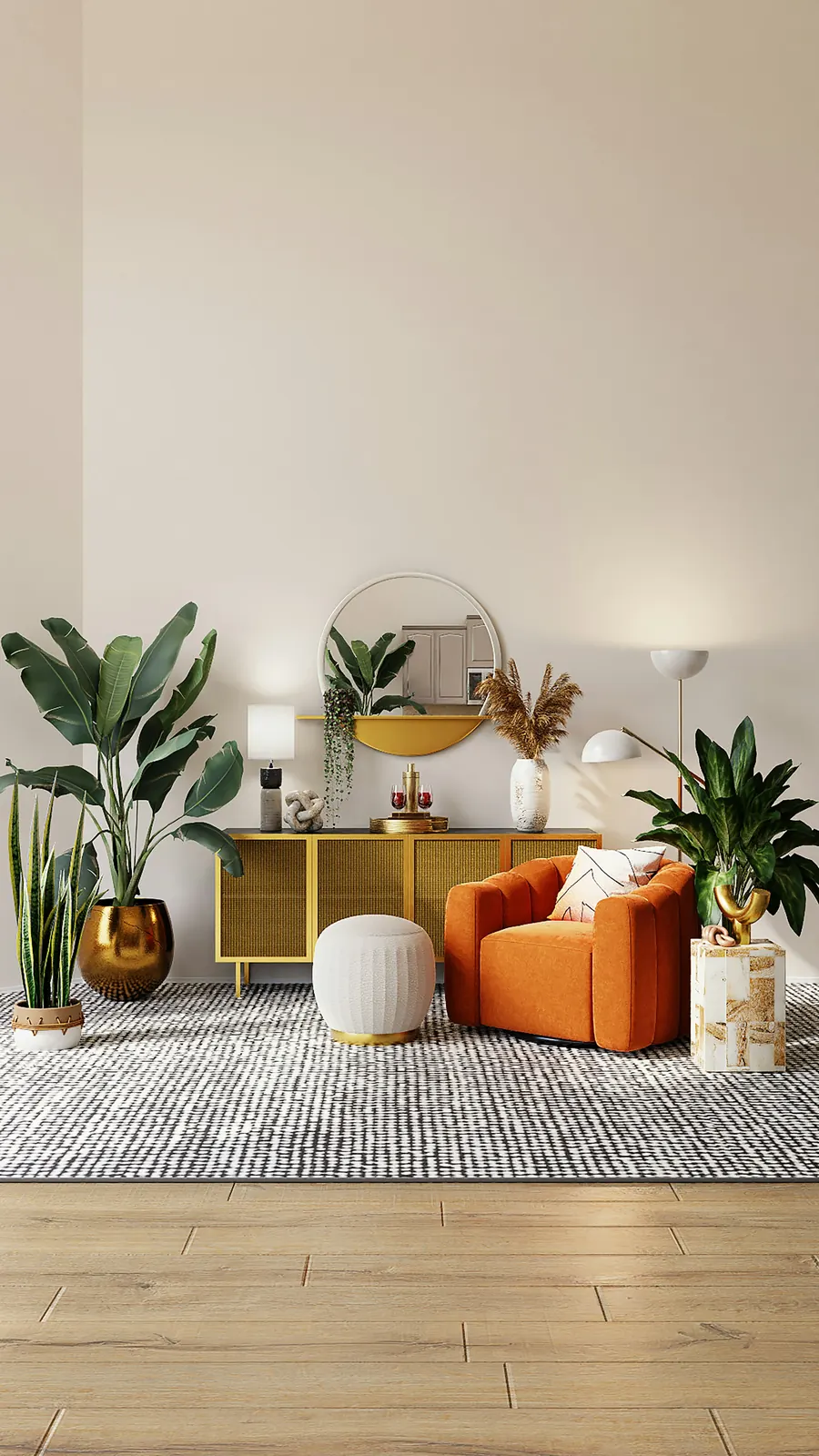 Rincón con plantas y sillón terracota