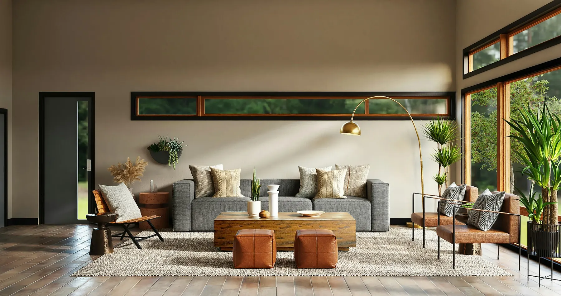 Sala amplia con ventana corrida y madera